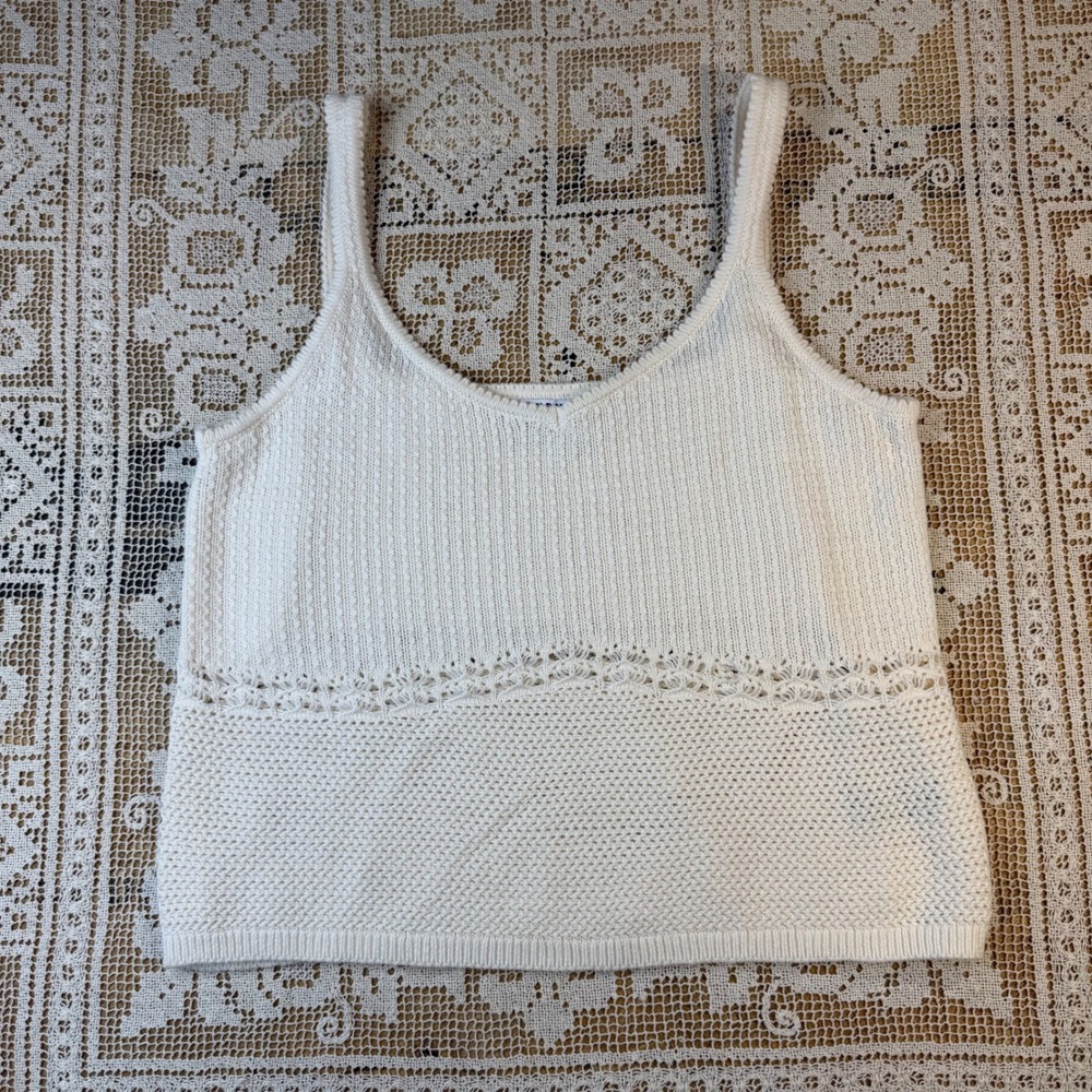 Old Navy Cream Crocheted Knit Sweater Tank Sz L 100% Cotton Coastal Cottage